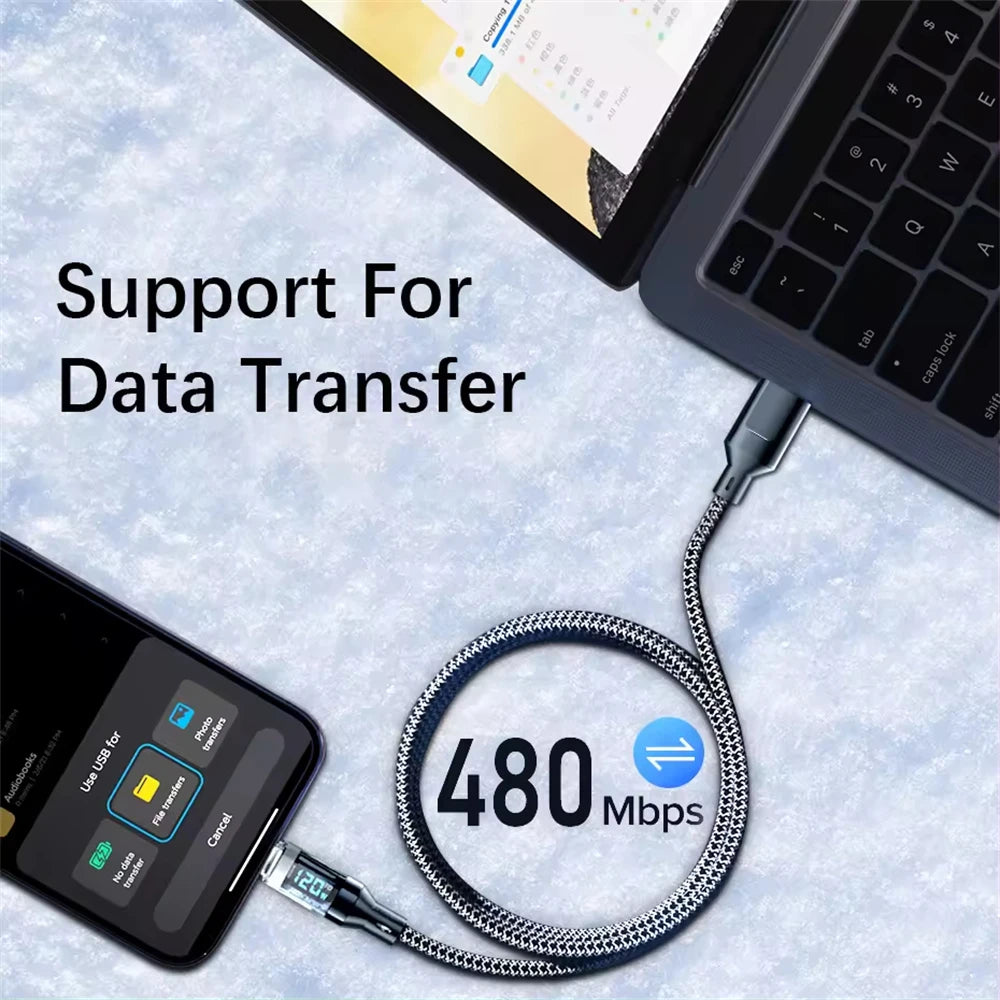 120W Super Fast Charging Cable Real-time Digital Display USB A to Type C data Cable For iPhone Android Phones Universal